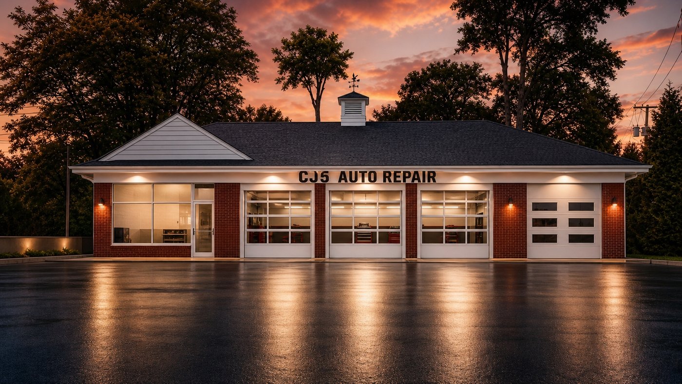 CJ 5 Auto Repair storefront in Midland Park, NJ with oil change, diagnostic, brakes, engines and mufflers signage